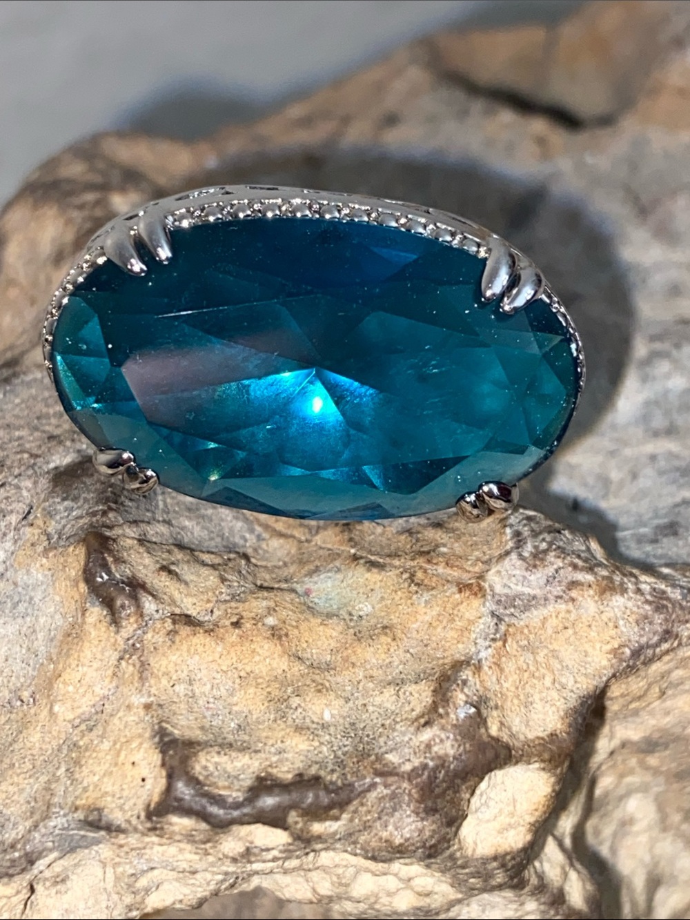 NEW Created Large Teal Blue Glass & CZ Silver Plated 925 RING